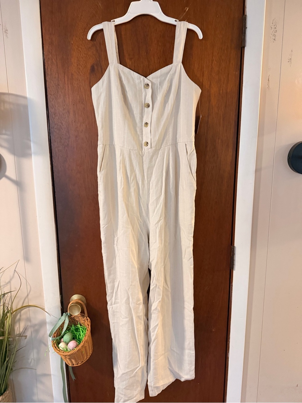 Old Navy Cream Button-Front Wide-Leg Jumpsuit